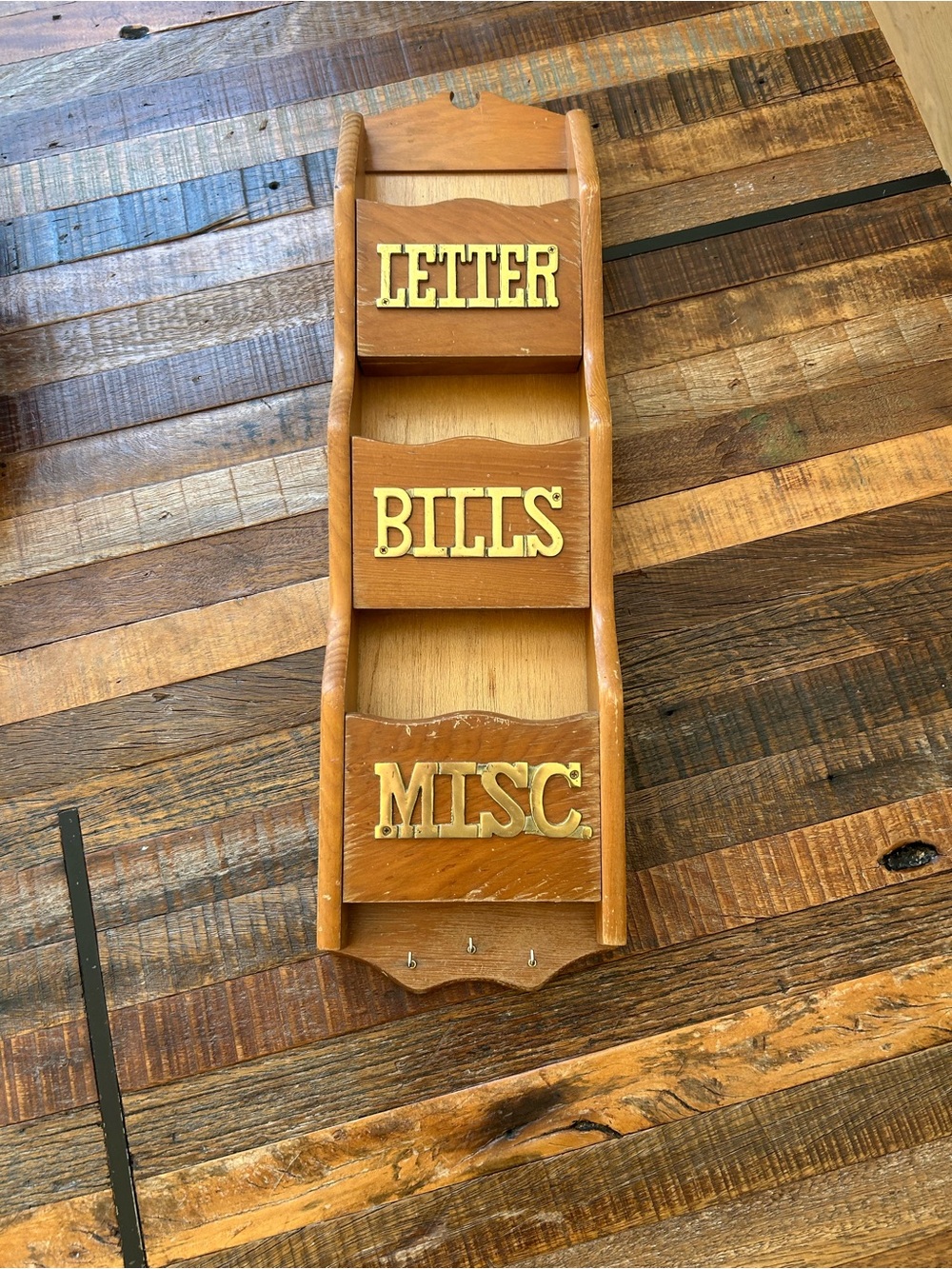 Vintage Wood 3 slot Wood Wall Organizer with 'LETTER BILLS MISC' Labels in gold